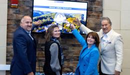 GSU VP for Advancement & Governmental Affairs, David Hutchison, GSU Director of Fundraising, Vada Woodford, GSU Foundation Board President, Sandy Pettit, and GSU President, Mark A. Manchin when the giving record was broken.  