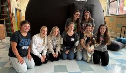  GSU STARLAB participants with “Jimmy” the Goat.  Back L/Rt: Jacey Collins and Sandra Crites Front L/R: Brianna Browning, Malerie Ross, Jayden Cover, Kylie Jackson, Bailea Huddleston, Maddox Lewis