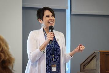 Dr. Carla Warren, Director of the West Virginia Department of Education Office of Educator Development and Support, speaks to students gathered at Glenville State University’s Grow Your Own Day on April 20. (GSU Photo/Seth Stover)