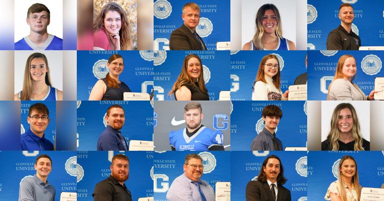 Glenville State University 2022 Distinguished Business Students; (l-r, descending) Avery Book, Tiffany Cole, Herb Curtis, Vendela Danielsson, Seth Fallon, Aline Fevrier, Sabrina Gonzalez, Avalon Green, Chloe Griffith, Jaycie Johnson, Grant Krajeski, Hunter Lemon, Ellis Lilly, Jacob Mattox, Ashton Palmer Robert Pence, Ian Pomeroy, Timothy Roy, Joseph Rubalcaba, and Alyssa Woods.