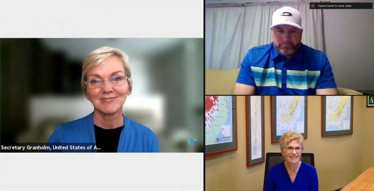 In this screenshot from Thursday, September 16, U.S. Department of Energy Secretary, Jennifer Granholm (left) is joined by Mayor of Matewan, West Virginia, Matt Moore (top right) and ARC Federal Co-Chair, Gayle Manchin (bottom right) during a virtual meeting of the Appalachian Regional Commission discussion on New Opportunities for Coal Communities.