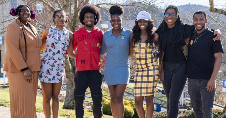 Members of Glenville State University’s Black Student Union; (l-r) Advisor Olivea Norris, Koschinya Jefferson, Robert Glover, Tobi Oladapo, Adria Chapple, Angela Ejimofor, and Otis Cox. (GSU Photo/Kristen Cosner)