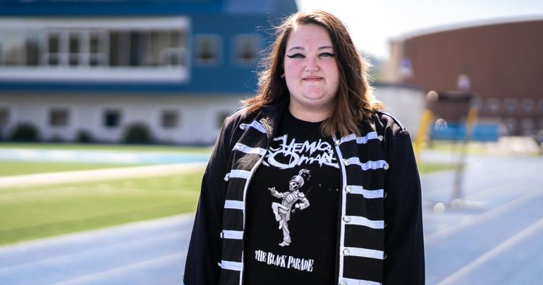 Glenville State University senior Caitlin Reed is the 2022 Pioneer Marching Band field commander. The band's show this semester has a pop-punk theme. (GSU Photo/Kristen Cosner)