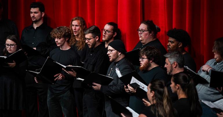 Members of the Glenville State University Concert Choir at a performance earlier this semester. The Choir and Chamber Singers Concert is planned for November 16 at Glenville State’s Fine Arts Center Auditorium. (GSU Photo/Kristen Cosner)