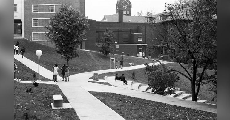 An image from the center of Glenville State's campus in the 1970s from the White Photography Collection