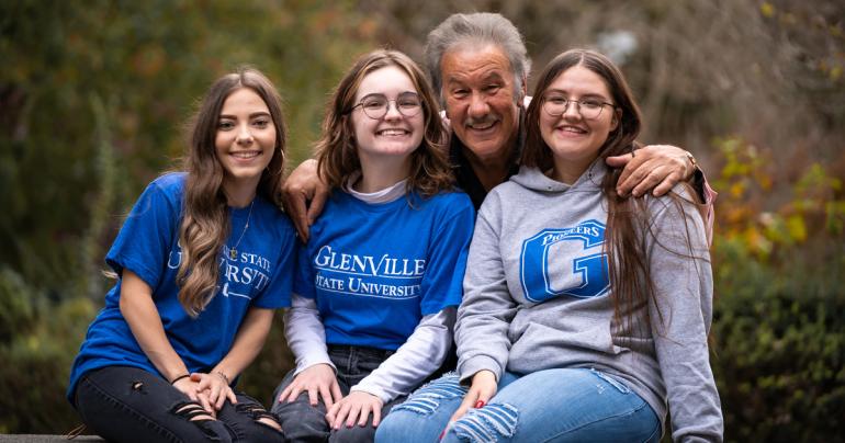 Glenville State University President Dr. Mark Manchin with students Macy Rush, Chloe Griffith, and Autumn Stone. Glenville State is observing CFWV’s annual College Application and Exploration Week. (GSU Photo/Kristen Cosner)