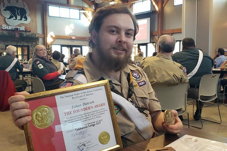 Ethan Dawson with the Order of the Arrow Founders Award