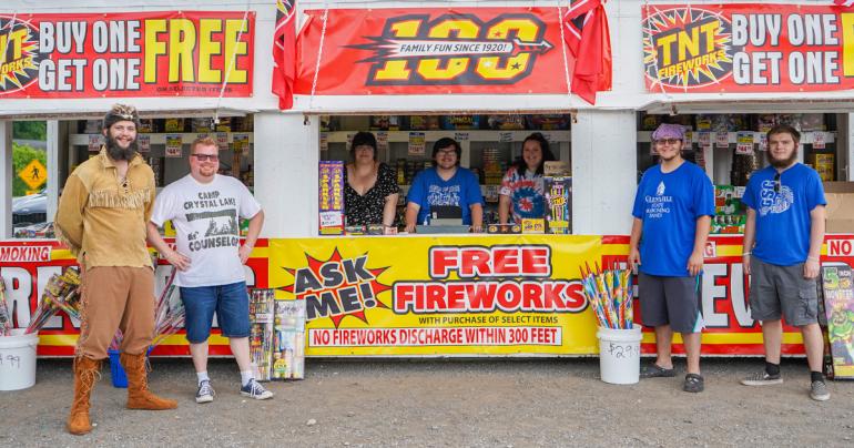 The TNT® Fireworks stand in Glenville (located at Foodland Plaza) is stocked and ready to supply residents with fireworks for their Independence Day celebrations. Pictured here are some of the volunteer workers from last season (l-r) Daniel Hinger, Dr. Jason Barr, Brittany Koutsounis, Joe Lutsy, Tina Lowe, Mitchell Blackburn, and James McChesney. (GSU Photo/Kristen Cosner)