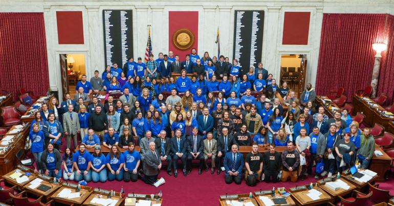 Glenville State University students, staff, faculty, alumni, administrators, friends, and lawmakers gather inside the House of Delegates chamber during last year’s Glenville State University Day at the Legislature. This year’s event will take place on February 28. (GSU Photo/Kristen Cosner)