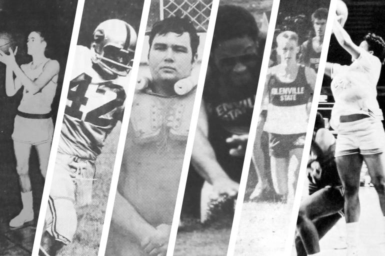 Members of the 2020 Induction Class of the Glenville State College Curtis Elam Athletic Hall of Fame (l-r) Larry Gandee, Jim Carter, Mark Reger, Lloyd Willis, Andy Jarrell, and Monique Johnson