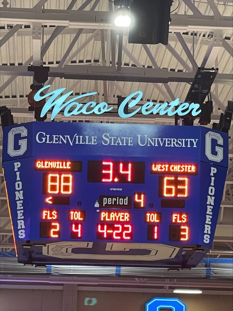 Waco scoreboard showing Pioneer win