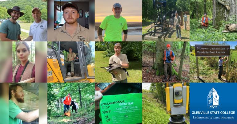 Glenville State College Department of Land Resources students at their summer internships (l-r, descending) Jacob Amick, Jared Bishop, Asa Dick, Hunter Hayes, Ciera Heine, Heather Moore, Della Moreland, Cole Murphy, Adam Osborne, Lexi Pletcher, Marc Radcliff, Hayden Richards, Katlyne Rollyson, and Benjamin Sturtevant (not pictured Evan Jedamski and Kasee Smith).