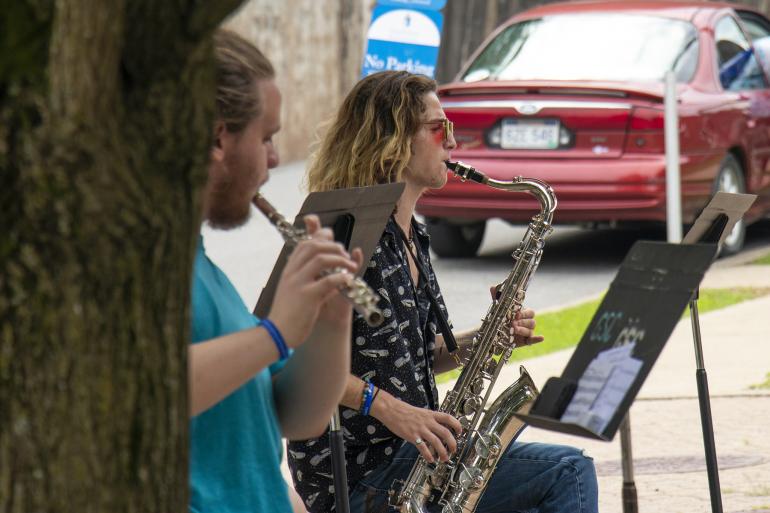 Pioneer Marching Band members take part in a socially distant practice session during their annual band camp