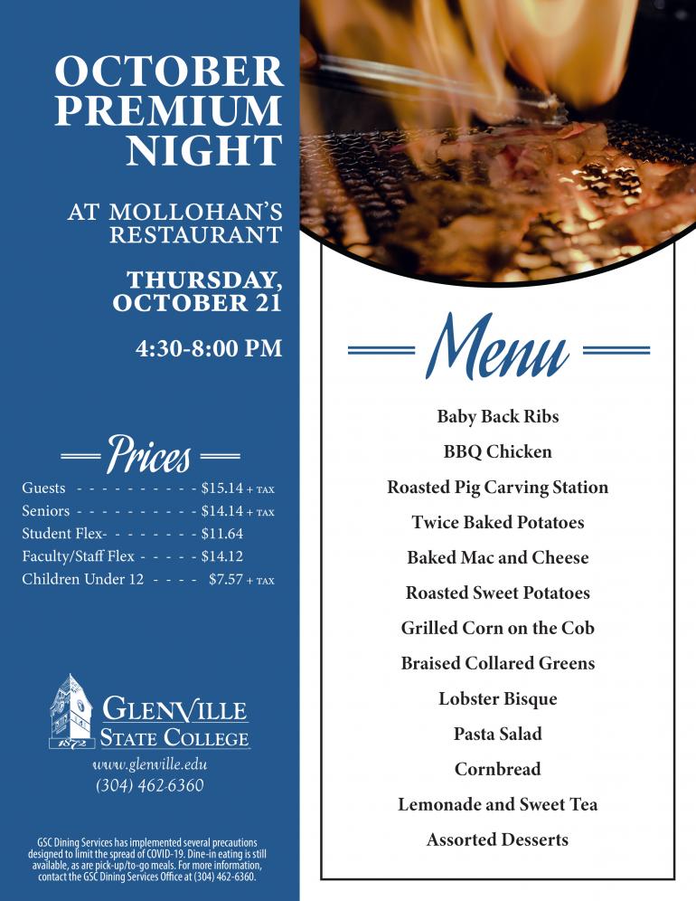October's Premium Night is scheduled for Thursday, October 21 from 4:30 p.m. until 8:00 p.m. in Mollohan’s Restaurant at Glenville State College.
