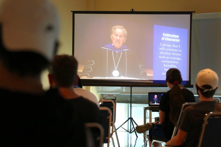 Glenville State College President Dr. Mark A. Manchin addresses new students as part of the virtual Convocation ceremony during New Pioneer Orientation