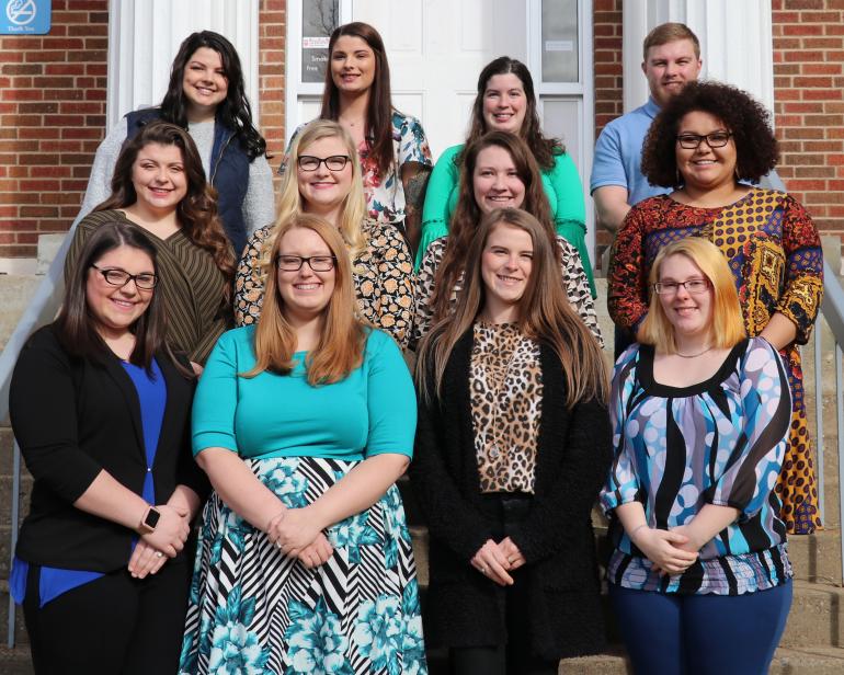 Spring 2020 Teacher Interns (l-r) Front Row: Faith Woods, Autumn Knight, Taylor Cool, Dorothy Davis; Middle Row: Aimee Asbury, Bethany Spelock, Rachel Flanigan, Sarah Brunty; Back Row: Brooke Spencer, Kelly Bruce, Miranda Allen, Clayton Lagasse (GSC Photo/Kristen Cosner)