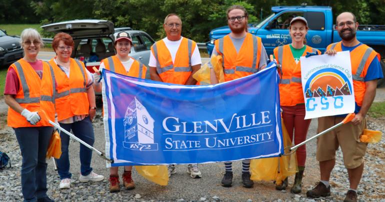 Several volunteers with Glenville State University ties recently pitched in to help pick up litter alongside U.S. Route 33 in Lewis and Gilmer Counties. Pictured (l-r) Leslie Ward, Betsy Peeples, Miakayla Paisley, Rick Gould, Seth Price, Emily Koella, Dr. Nabil Nasseri. (GSU Photo/Dustin Crutchfield)