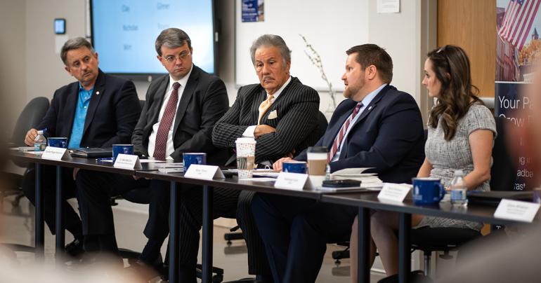 (l-r) Delegate Brent Boggs, Speaker of the West Virginia House of Delegates Roger Hanshaw, Glenville State University President Dr. Mark Manchin, State Director of USDA Rural Development Ryan Thorn, and USDA Rural Development Community Development Specialist Kayleigh Kyle at the West Virginia Pioneer Community Network launch meeting held at Glenville State University. (GSU Photo/Kristen Cosner)