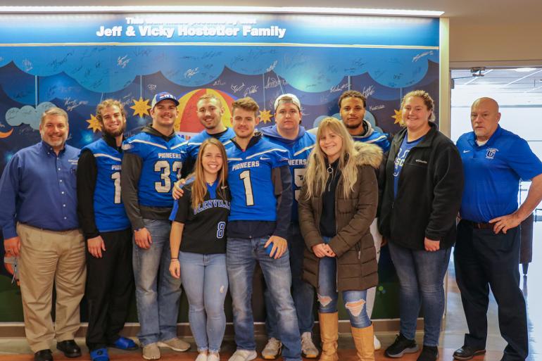 Glenville State College students and staff who visited WVU Medicine Children’s in Morgantown, West Virginia (l-r) Tom Ratliff, Justin Watts, Austin Ratliff, Jordan Hartman, Kayla Letart, Caleb Wynn, Drew Taylor, Larissa Hayman, Amede Vital, Megan Wilfong, and Jesse Skiles (GSC Photo/Kristen Cosner)