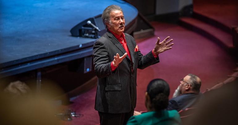 Glenville State University President Dr. Mark A. Manchin speaks to faculty and staff assembled for the annual opening meeting. The meeting is held prior the beginning of each semester and serves as an opportunity for employees to hear campus updates. (GSU Photo/Kristen Cosner)