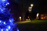A tree decorated with Pioneer blue lights stands on Clark Hall Lawn (GSC Photo/Dustin Crutchfield)